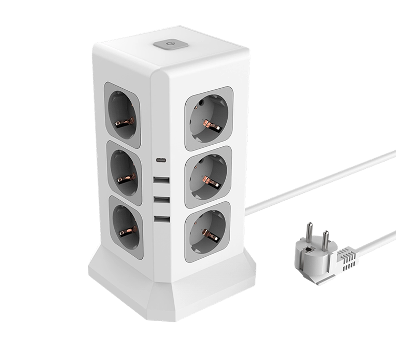 E11 drátový multifunkční napájecí proužek s 12 zásuvkami v evropském stylu, 3 porty USB-A a 1 portem USB-C, s přepínačem