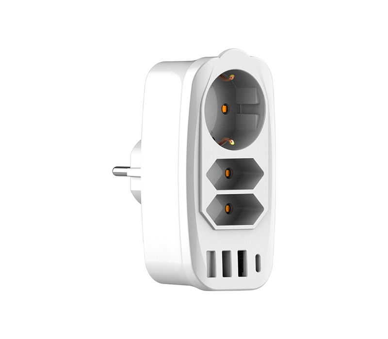 E06 Zásuvná multifunkční prodlužovací šňůra se 2 evropskými zásuvkami typu C, 1 evropskou zásuvkou typu F, 3 porty USB-A a 1 portem USB-C