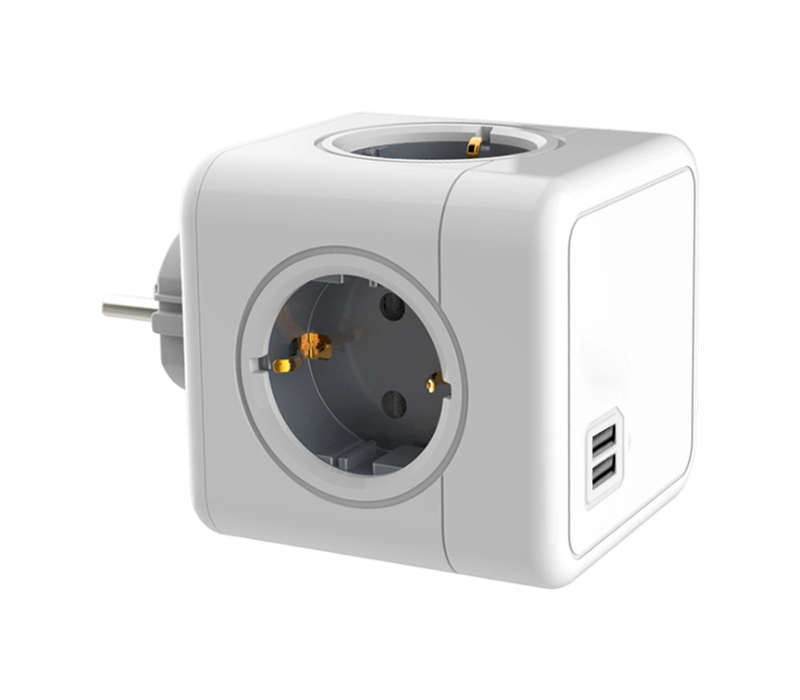 E02A Plug-in Cube Power Strip se 4 zásuvkami ve stylu Euro a 2 porty USB-A