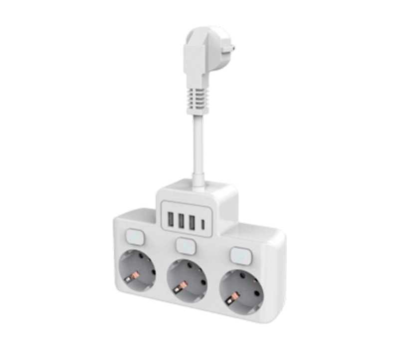 Kabelový napájecí proužek E14 se 3 zásuvkami v evropském stylu, 3 porty USB-A a 1 portem USB-C, s nezávislým přepínačem