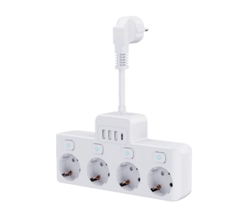 E14-4 kabelový napájecí pásek se 4 zásuvkami v evropském stylu, 3 porty USB-A a 1 portem USB-C, s nezávislým přepínačem