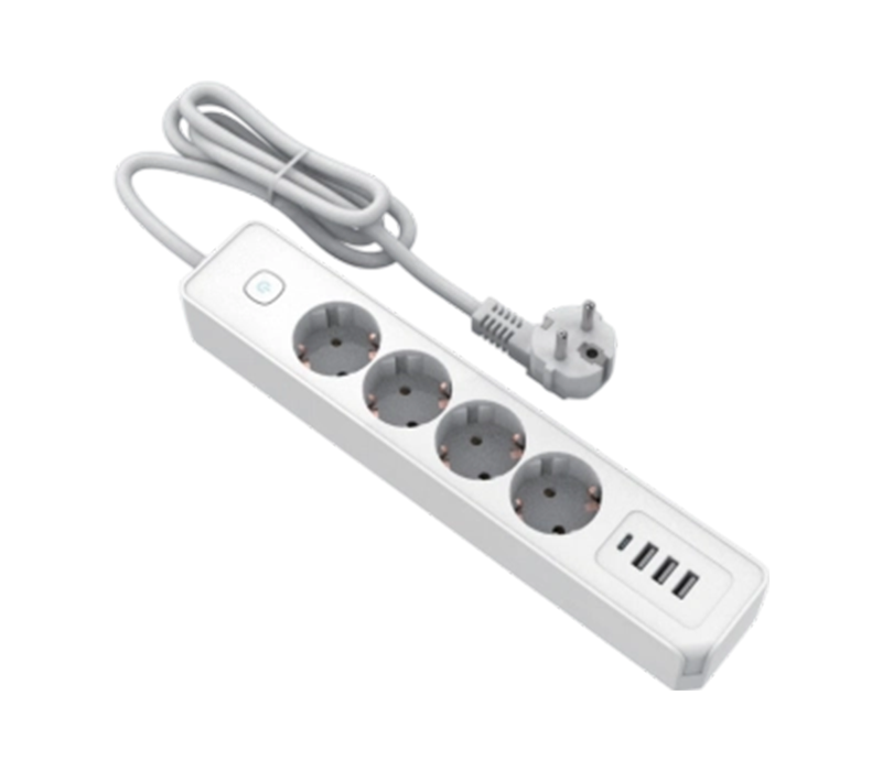 Napájecí proužek E21-4 v evropském stylu se 4 zásuvkami, 3 porty USB-A a 1 portem USB-C, přepínač je součástí balení