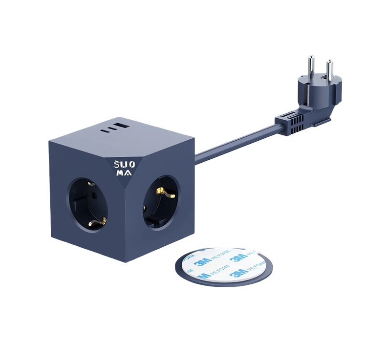 E25 Wired Cube Power Strip se 3 zásuvkami v evropském stylu, 1 portem USB-A a 2 portem USB-C, s 3m samolepicími nálepkami