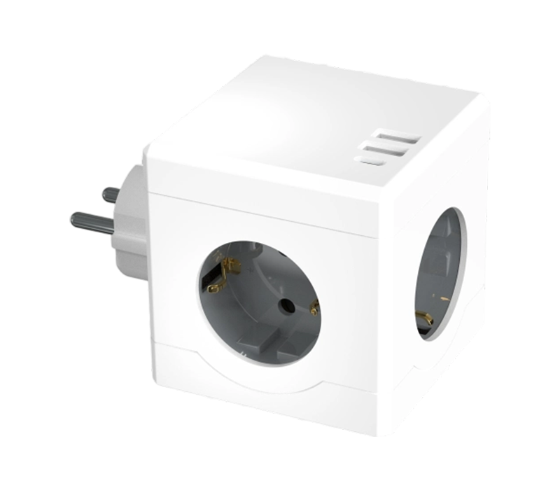 E15-C Plug-in Cube Power Strip se 3 zásuvkami v evropském stylu, 2 porty USB-A a 1 portem USB-C