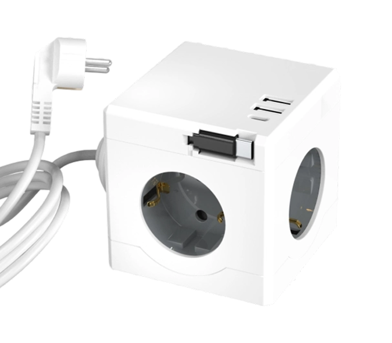 Napájecí proužek E16-D Wired Cube se 3 zásuvkami v evropském stylu, 2 porty USB-A a 1 portem USB-C, se zasouvacím nabíjecím kabelem