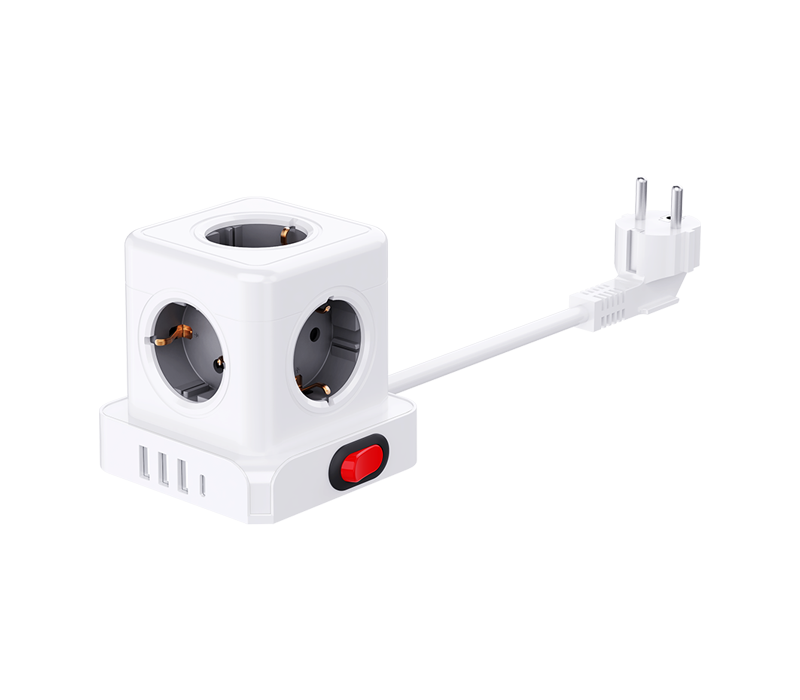 E23 kabelový napájecí pásek Cube s 5 zásuvkami v evropském stylu, 3 porty USB-A a 1 portem USB-C, s přepínačem